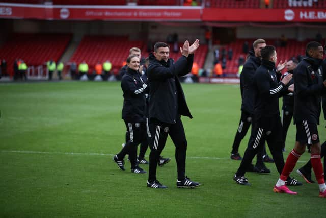 Sheffield, England, 23rd May 2021. Paul Heckingbottom interim manager of Sheffield Utd celebrates at full time  during the Premier League match at Bramall Lane, Sheffield. Picture credit should read: Simon Bellis / Sportimage