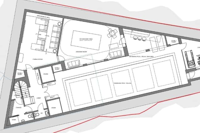 This plan submitted to Sheffield City Council by architects Brightman Clarke for changes to a house in Sandygate Park, Lodge Moor shows the layout of the proposed subterranean leisure area including a swimming pool, snooker room, cinema and bar area