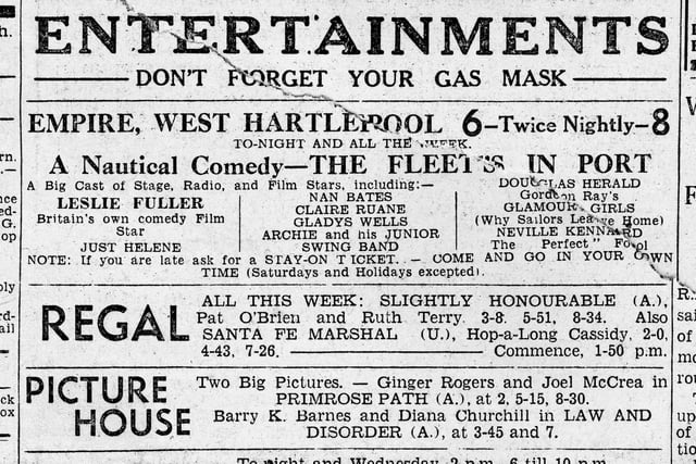 What a great choice of films at Hartlepool's cinemas in September 1940. But as the notice said, don't forget your gas mask if you were going to the pictures.