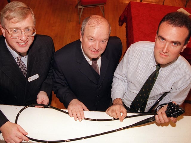 Alan Dootson, centre, St John's Hospice Appeal and Doncaster Cancer Detection Trust treasurer, handed over the visual imaging camera to consultant surgeon John Bagley, right, watched by Nigel Clifton, chief executive of The Doncaster Royal and Montagu Hospital. The presentation took place at the Mansion House  in 1999