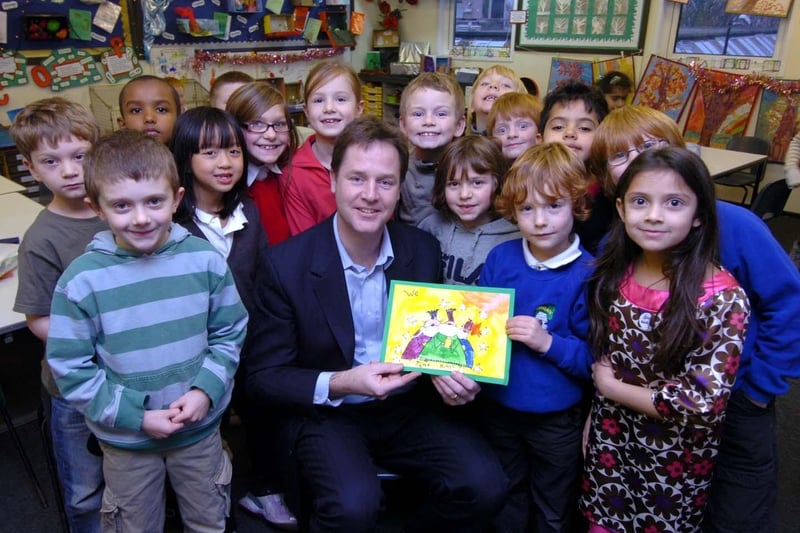 Nick Clegg MP with Archie Noble (7) and his winning design for a Christmas card and some of his class mates at Lydgate Junior School, Crosspool; it was on December 12, 2008