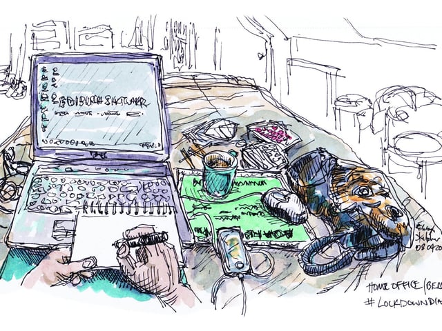 As lockdown continued, I sketched from my house, capturing home-schooling and daily walks. I know many people related to this sketch of my bedroom/office.