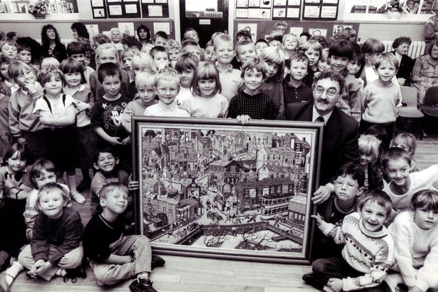 Joe Scarborough pictured with children at Malin Bridge Infants School, Sheffield, after unveiling his latest picture in October 1989