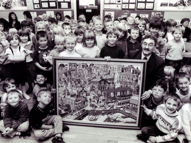 Joe Scarborough pictured with children at Malin Bridge Infants School, Sheffield, after unveiling his latest picture in October 1989