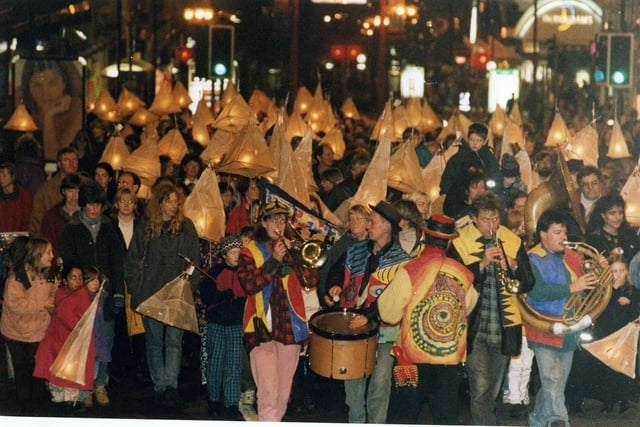 Sheffield Illuminations switch on, November 15, 1995. A candle-lantern procession makes its way through the city centre