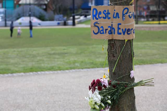 Flowers and messages on Devonshire Green in Sheffield after a Reclaim Sheffield Streets vigil to the tragic disappearance of Sarah Everard was cancelled on Saturday. Picture: Chris Etchells