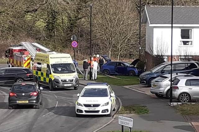 Emergency services attended a road traffic collision after a car appears to have crashed into the corner of a house on Hazlebarrow Road, at Jordanthorpe, Sheffield.