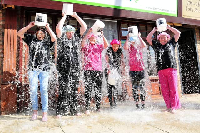 Liberty staff (left to right) Jamie Short, Alison Thornhill, Leisa Smith, Michelle McKenzie, Yasmin Smith and Kate Bell taking part in their Ice Bucket Challenge in  2014. Remember this?