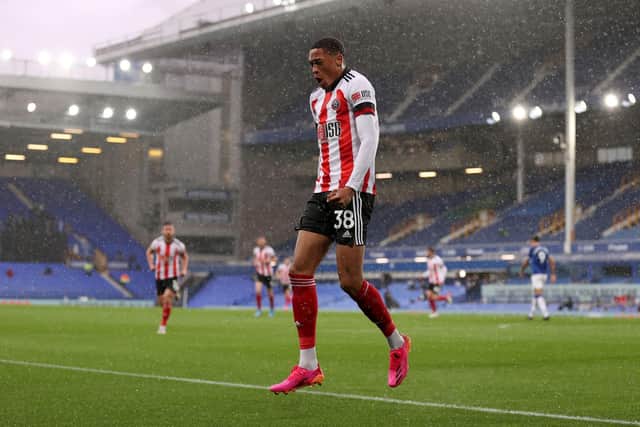 Sheffield United's striker Daniel Jebbison celebrates scoring his team's first goal during the English Premier League football match between Everton and Sheffield United at Goodison Park in Liverpool, north west England on May 16, 2021: ALEX PANTLING/POOL/AFP via Getty Images