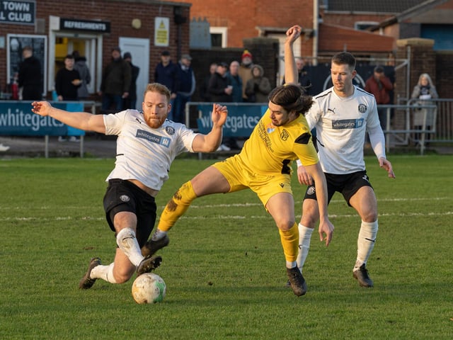 Action from Heanor Town v Selston at the Town Ground on Monday.