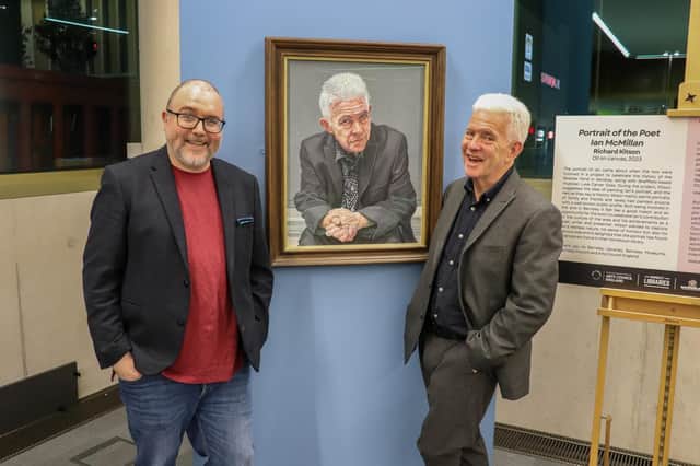 Poet Ian McMillan at the unveiling of his portrait with artist Richard Kitson