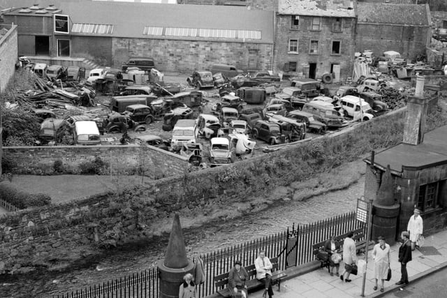 Overlooking the cars in a scrapyard behind Stockbridge's Deanhaugh Street in August 1966.