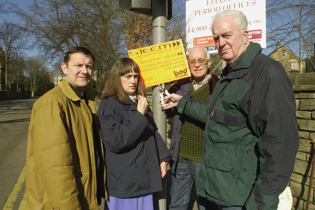 Seen in 1999 removing unsightly posters from Glossop Road, Broomhill were, left to right, The Reverend Adrian Alker, chairman Broomhill forum and the vicar of St Marks, Broomhill, Rev Judith Jessop, vicar of Broomhill methodist church and BANG Member ( Broomhill Action Neighbourhood Group ), Joss Mellor , Broomhill forum member and secretary of BANG Hamish Ritchie.