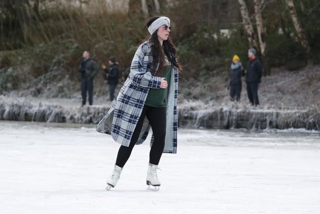 A person ice skates on a frozen pond in Queen's Park in Glasgow . Picture: Andrew Milligan/PA Wire