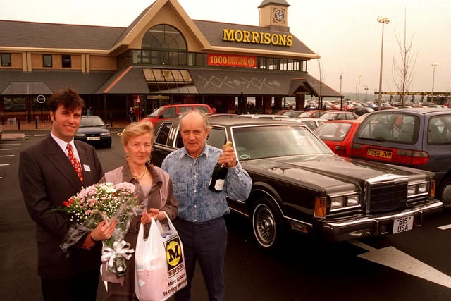 Pictured at the new Morrisons store, Halfway, Sheffield,  in 1998 where the  winner of the £100 VIP Shopping spree competition, Lillian Taylor is seen at the  store after arriving by limousine to do her shop. Seen with her LtoR are, Chris Pickles of Kimberly Clark who ran the competition with Morrisons, and her husband Roy Taylor.