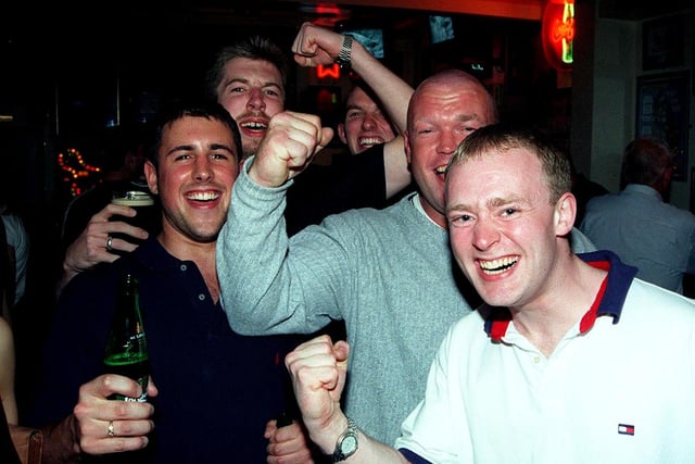 Pictured at the Champs Bar, Ecclesall Road, Sheffield, where football fans watched the Man United game on TV in May 1999