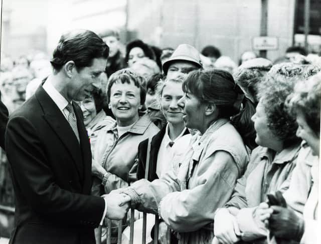 Prince Charles meets well-wishers outside the Cutlers Hall on a visit to Sheffield in November 1988