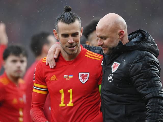 Former Sheffield United defender and current Wales boss Rob Page enjoys Wales' qualification for the 2022 World Cup with star midfielder Gareth Bale - Shaun Botterill/Getty
