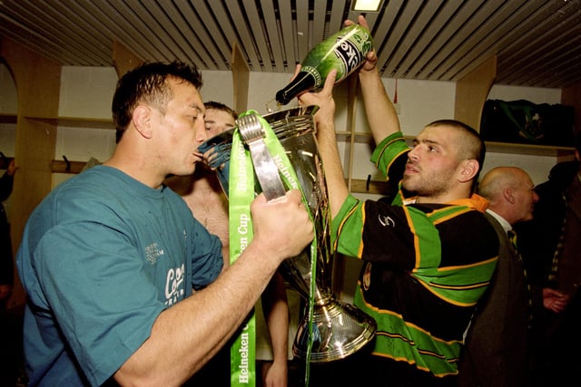 Donnie Mackinnon, left, enjoys the moment with team-mate Martin Scelzo after Northampton's Heineken Cup final win over Munster at Twickenham in 2000. Mackinnon toured New Zealand with Scotland but never won a full cap. He later played for Edinburgh but was forced to retire from professional rugby as a result of a serious knee injury in 2001.