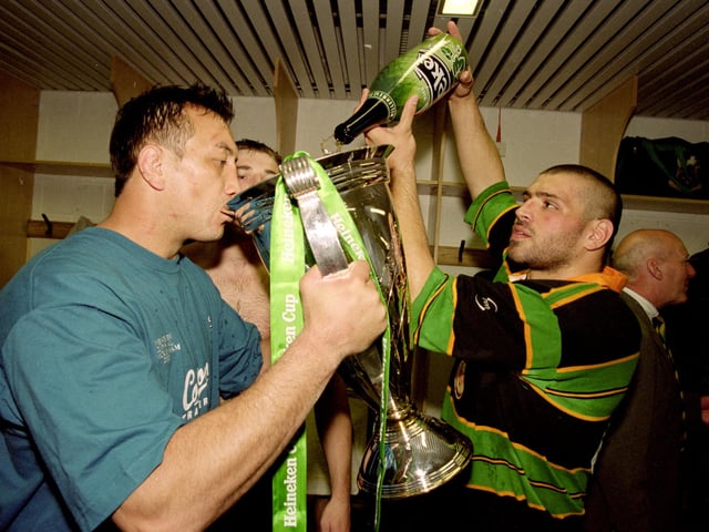 Donnie Mackinnon, left, enjoys the moment with team-mate Martin Scelzo after Northampton's Heineken Cup final win over Munster at Twickenham in 2000. Mackinnon toured New Zealand with Scotland but never won a full cap. He later played for Edinburgh but was forced to retire from professional rugby as a result of a serious knee injury in 2001.