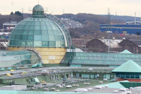 Sheffield's Meadowhall Shopping Centre, near Tinsley, attracts shoppers from all over the UK. It boasts 1.4million square feet of floor space and it has 290 stores, 50 places to eat, a cinema, 12,000 free parking spaces, and a helicopter landing pad.