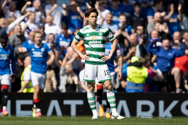 Celtic defender Yuki Kobayahsi cuts a dejected figure during a difficult afternoon for the champions at Ibrox.