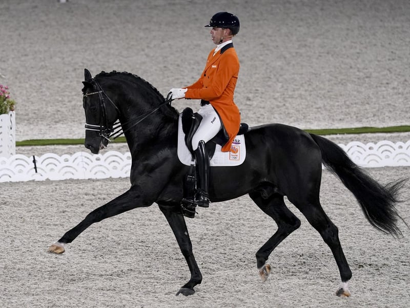 The Netherlands' Hans Peter Minderhoud, riding Dream Boy, competes in the equestrian dressage team final at the 2020 Summer Olympics