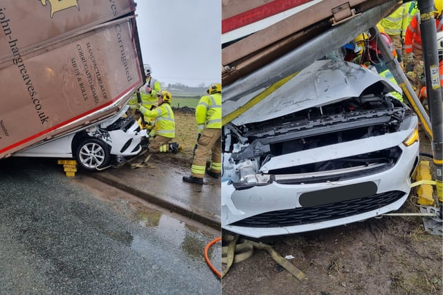 After the crash on the A6 at Dove Holes police tweeted: "Time to heed the warnings about Storm Eunice and stay at home.
"Amazingly only minor injuries, dog ok too."