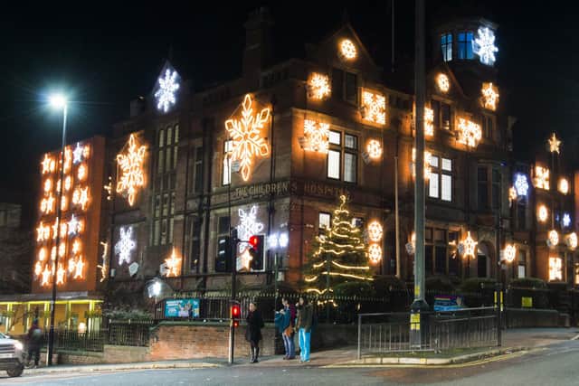 Sheffield Children's Hospital decorated for its 2018 Snowflake Appeal.