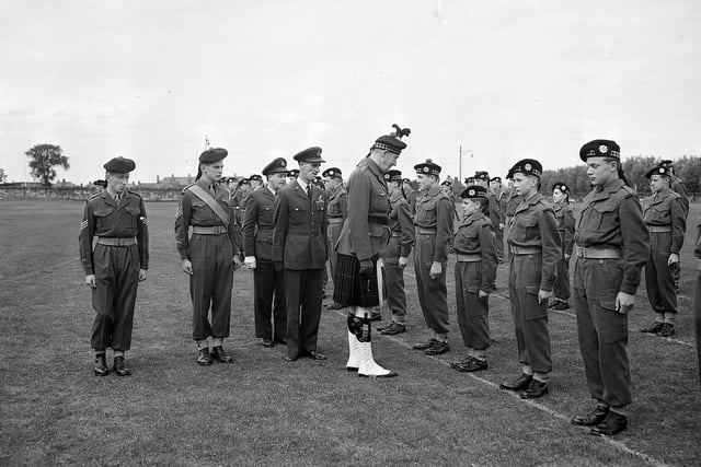Daniel Stewart College Combined Cadet Force are inspected by Brigadier T Granger Stewart at Inverleith in July 1959.