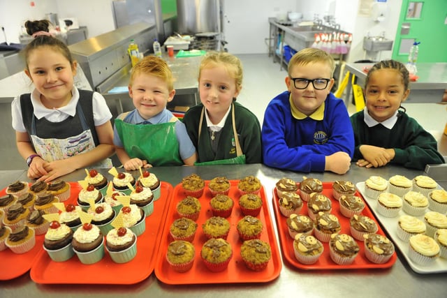 Primary school pupils Harper Scott-Cousins, Samuel Bailey, Kendra Price, Alfie Johnson and Lennox Crosdale, with their muffins during a 2017 baking session. Who can tell us more?