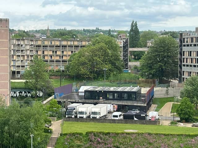 Beaumont, which is being filmed in Sheffield, Liverpool and London, is a 10-part Disney+ drama set in Belfast during the Troubles. It is due to be released in 2024. This photo shows a TV crew at Park Hill during filming there.