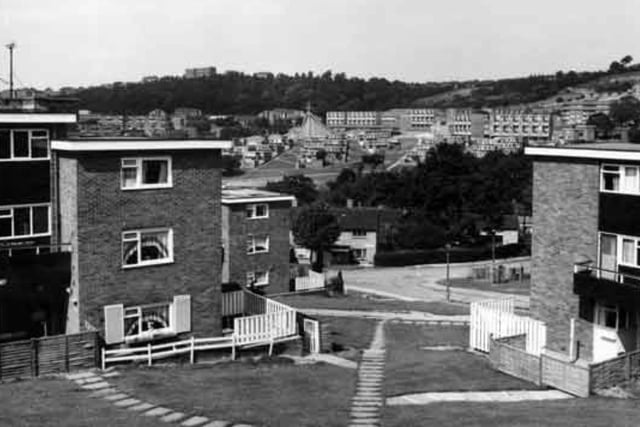 Sheffield's Gleadless Valley housing estate showing Holy Cross Church, on Spotswood Mount, in 1981