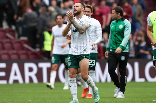 Martin Boyle applauds the Hibs fans at full-time after the goalless draw with Hearts at Tynecastle (Photo by Alan Harvey / SNS Group)