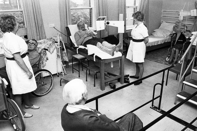 Patients at the day unit of Winter Street Hospital, Sheffield, undergoing physiotherapy and occupational therapy, October 1972.