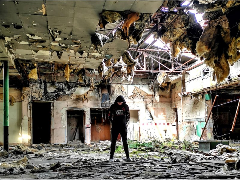 Urban explorer Lost Places Forgotten Faces in the wreckage of the Clay Lane Club.