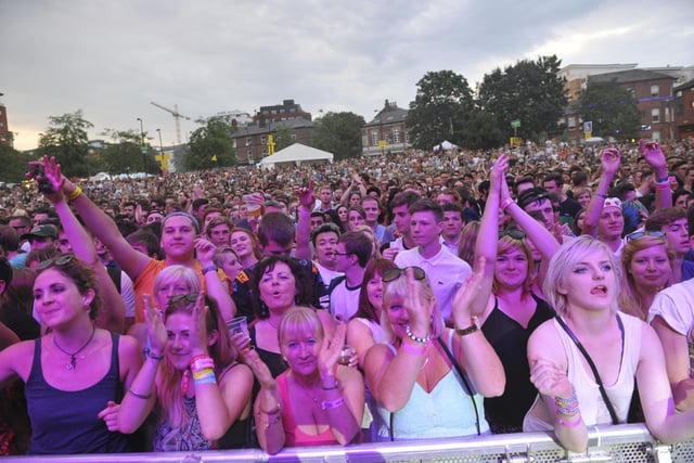 Sister Sledge fans enjoy the party on Devonshire Green in Sheffield at Tramlines, July 26, 2014