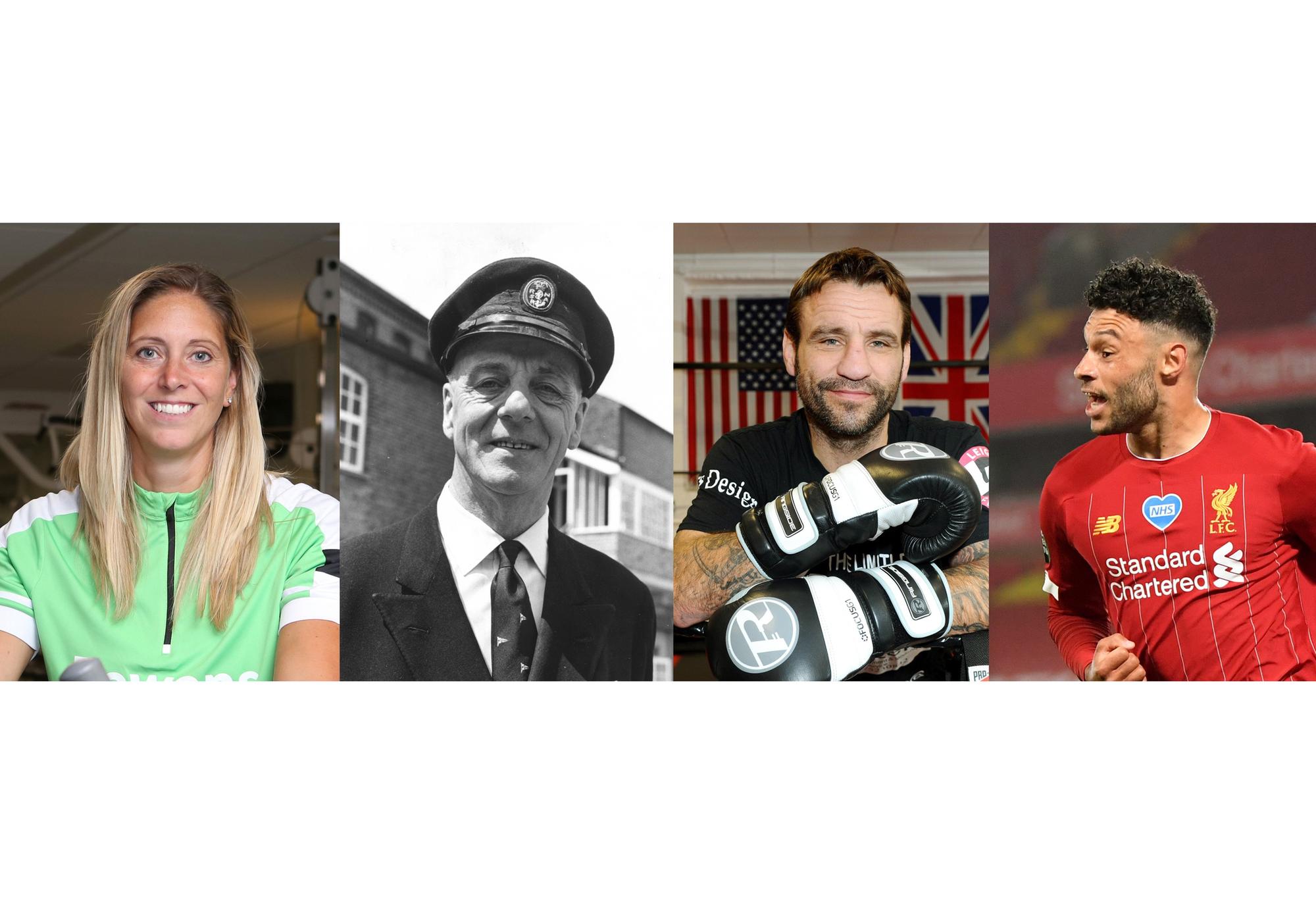 Greatest Sportspeople from the Portsmouth area. Caption: Katy Sexton, Sir Alec Rose, Tony Oakey and Alex Oxlade-Chamberlain.