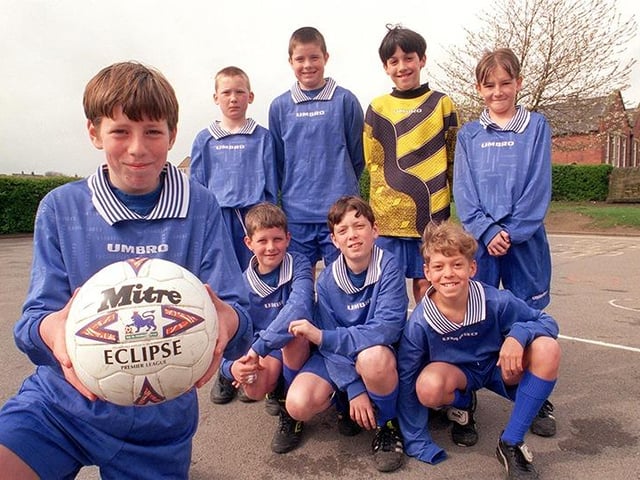 The U11 Intake School football team, winners of the Sanderson Trophy, back row, left to right, Carl Parks, Ashley Longstaff, Matthew Smith and Michael Crossland.  Front, Ben Starosta (captain), Daniel Cooper, Chris Radford and Anthony Hobson, on April 22, 1998