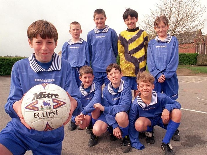 The U11 Intake School football team, winners of the Sanderson Trophy, back row, left to right, Carl Parks, Ashley Longstaff, Matthew Smith and Michael Crossland. Front, Ben Starosta (captain), Daniel Cooper, Chris Radford and Anthony Hobson, on April 22, 1998