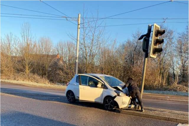 A car crashed into a lamppost close to the Drakehouse tram stop in Sheffield this morning