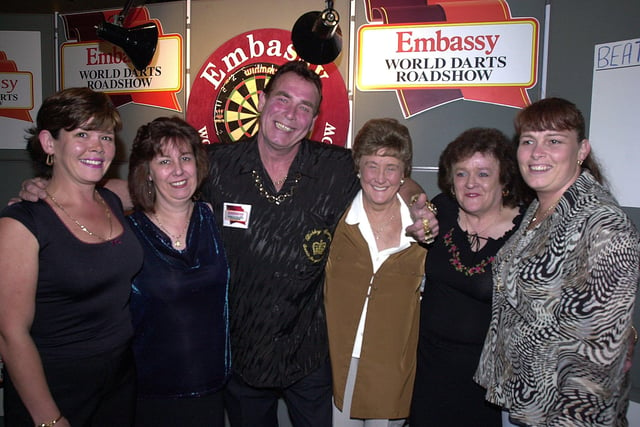 Darts showman Bobby George and fans! at the Embassy World Darts Roadshow at the Park & Arbourthorne Labour Club, City Road in 2002