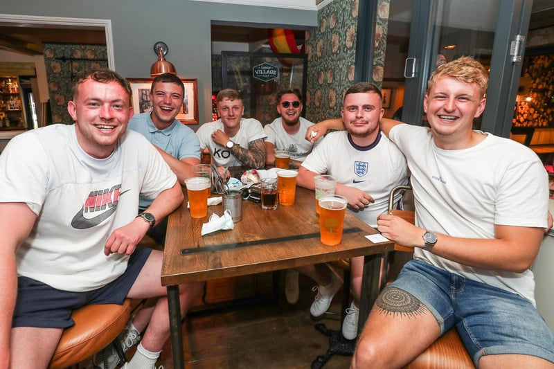 England Fans watching England V Croatia at The Southsea Village. Tom Yates, Sam Court, Connor Whiting, Ed Lee, Rhys Little and Josh Cullinane. Picture: Stuart Martin (220421-7042)