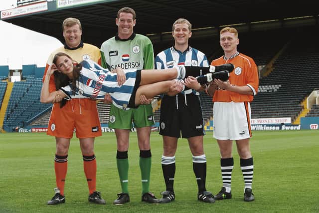 Sheffield Wednesday players from left to right, Kevin Pressman; Matt Clark; Peter Atherton and Mark Pembridge at the launch of the 1997-99 Sheffield Wednesday Puma kit ahead of the 1997/98 season at Hillsbrough in May 1997. (Photo Allsport/Getty Images)