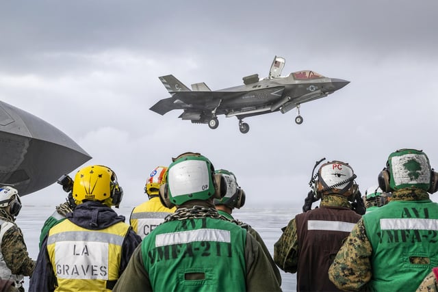 HMS Queen Elizabeth has embarked two squadrons of F-35B stealth jets: the UKs 617 Sqn and US Marine Corps fighter attack squadron 211. Alongside eight Merlin helicopters of 820 and 846 Naval Air Squadrons it is the largest air group to operate from a Royal Navy carrier in more than thirty years, and the largest air group of fifth generation fighters at sea anywhere in the world. This months Group Exercise (GROUPEX) will see HMS Queen Elizabeth joined by warships from the UK, US and the Netherlands, which will accompany the carrier on her first global deployment in 2021. However, before then, the newly-formed Carrier Strike Group will be put through its paces off the north east coast of Scotland as part of Joint Warrior, NATOs largest annual exercise.