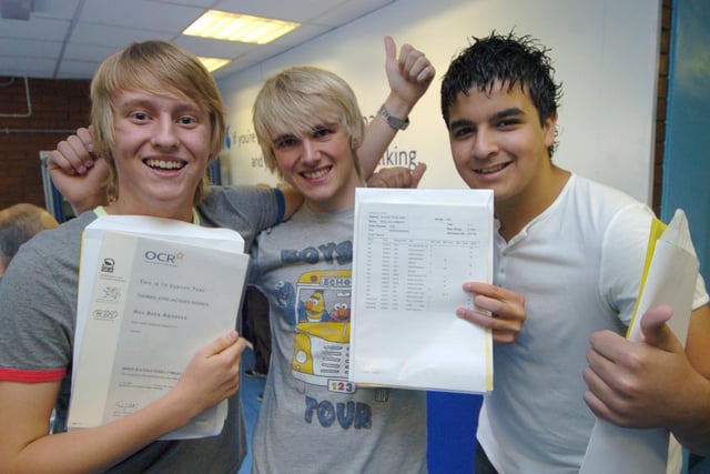 Celebrating their results at Parkwood Academy in 2009 are, from left, Thomas Barker(4 A*s, 3 As and one B), Marty Lambert(4 A*s, 5 B') and Stavros Kontou (4 A*s, 2 Cs)