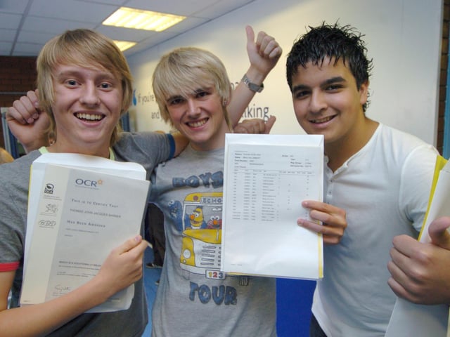 Celebrating their results at Parkwood Academy in 2009 are, from left, Thomas Barker(4 A*s, 3 As and one B), Marty Lambert(4 A*s, 5 B') and Stavros Kontou (4 A*s, 2 Cs)