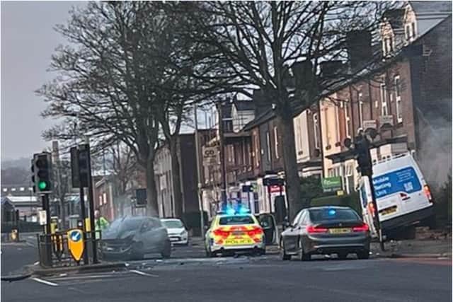 The aftermath of a crash on Queens Road, Sheffield, yesterday (Photo: Tom Beaumont)