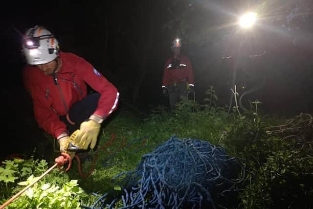 Sheffield cult singer John Shuttleworth abandoned a show at Peak Cavern last night after a rescue team were called to a stricken fan. PIctured is the Edale Mountain Rescue team at the scene