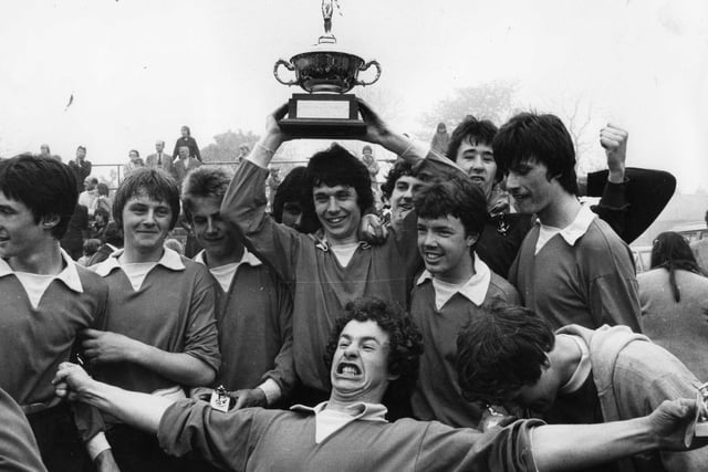 Happy Reyrolle Juniors players after winning South Tyneside's International Youth Soccer Tournament in 1979.